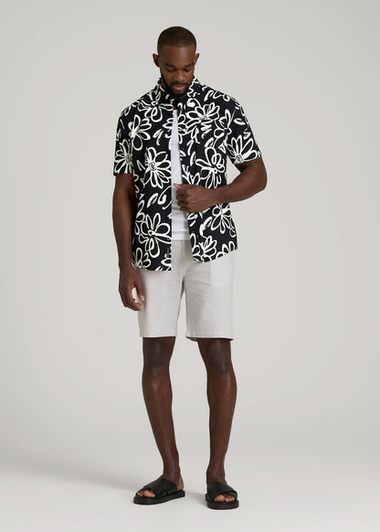 American Tall Men Seersucker Short Sleeve Shirt for Tall Men in Black and White Floral