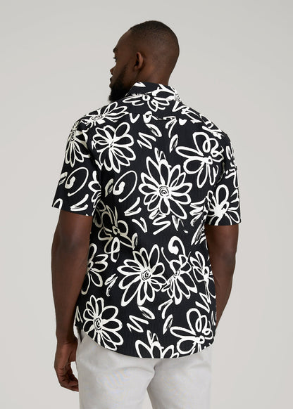 American Tall Men Seersucker Short Sleeve Shirt for Tall Men in Black and White Floral