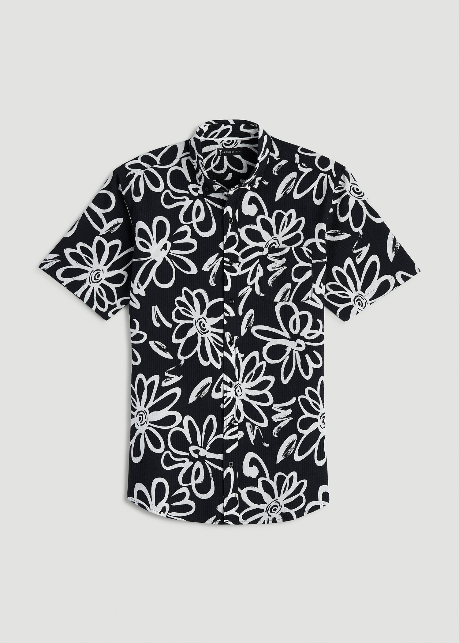 American Tall Men Seersucker Short Sleeve Shirt for Tall Men in Black and White Floral
