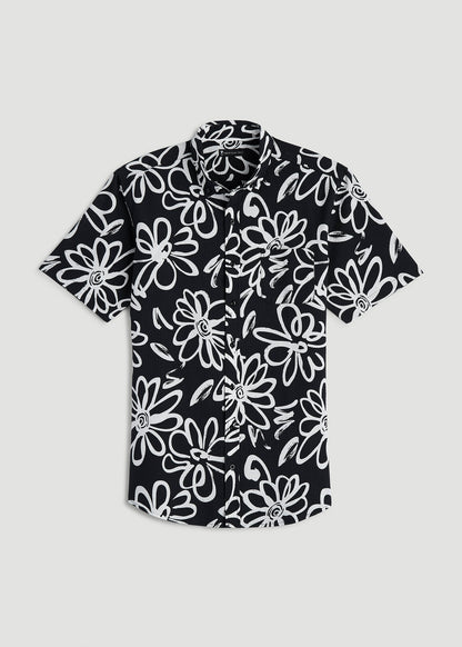 American Tall Men Seersucker Short Sleeve Shirt for Tall Men in Black and White Floral