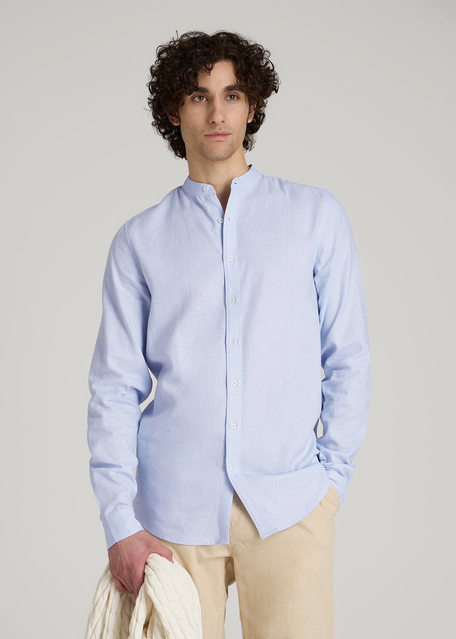 American Tall Men Band Collar Linen Button Shirt for Tall Men in Airy Blue