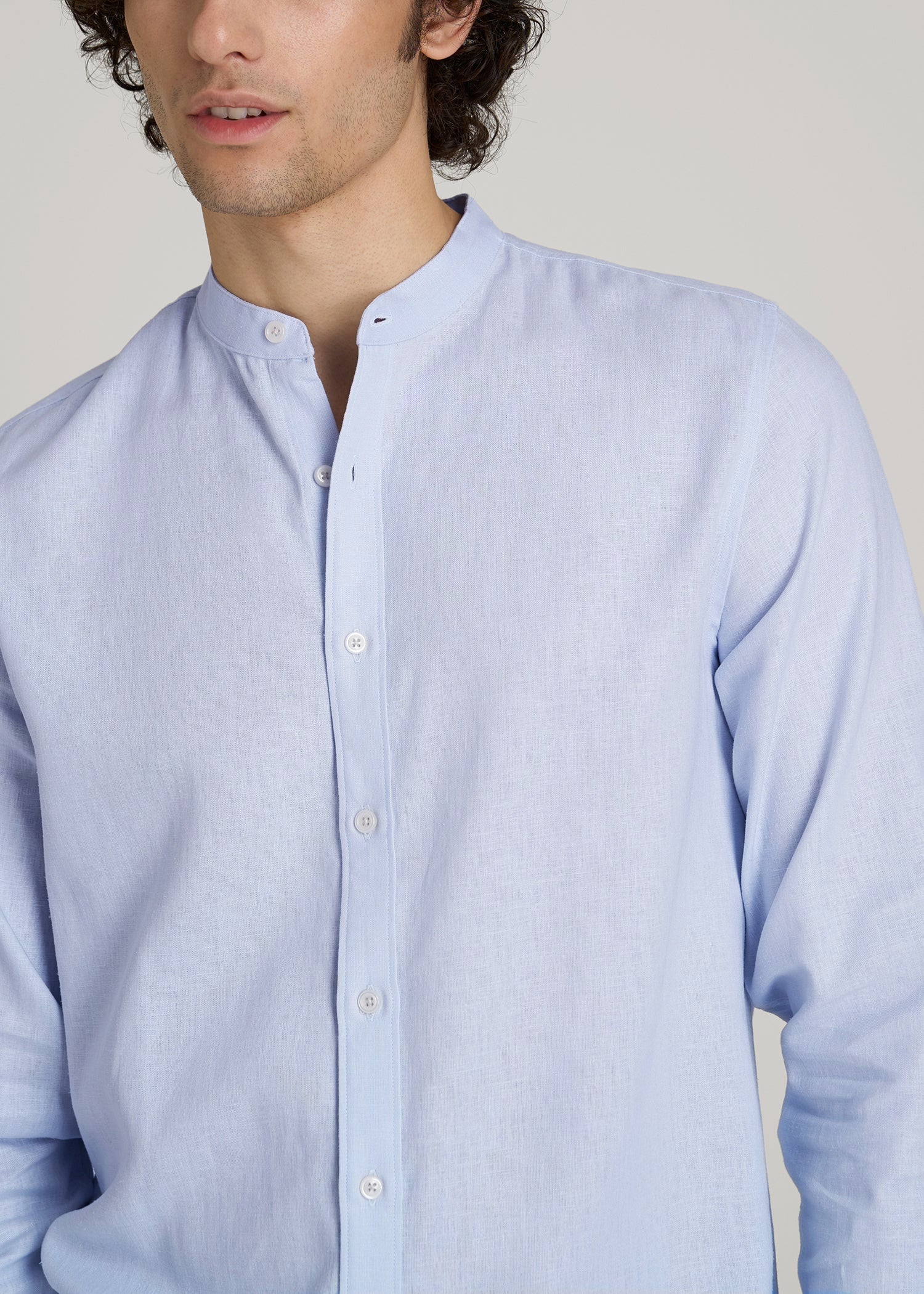 American Tall Men Band Collar Linen Button Shirt for Tall Men in Airy Blue