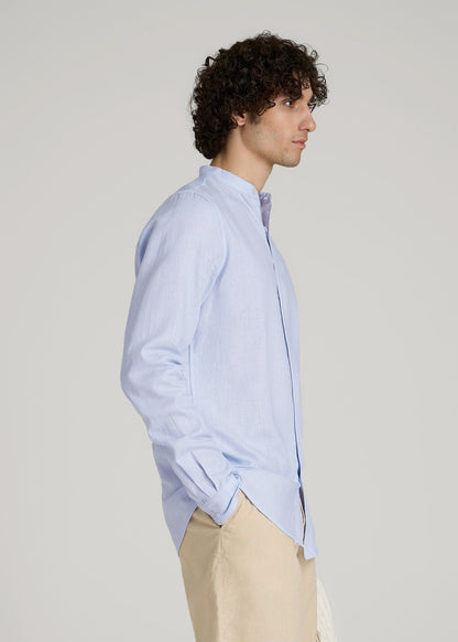American Tall Men Band Collar Linen Button Shirt for Tall Men in Airy Blue