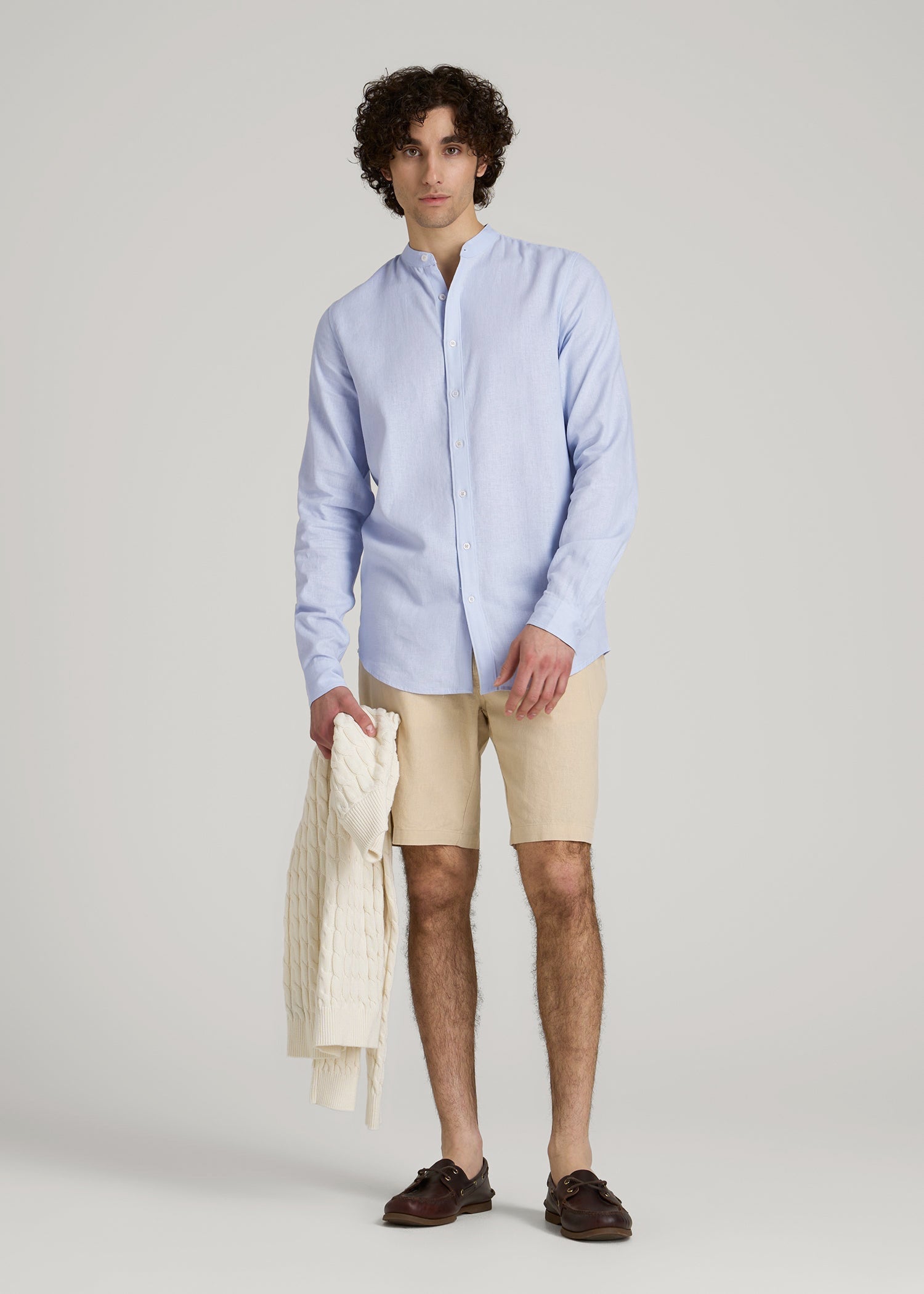 American Tall Men Band Collar Linen Button Shirt for Tall Men in Airy Blue