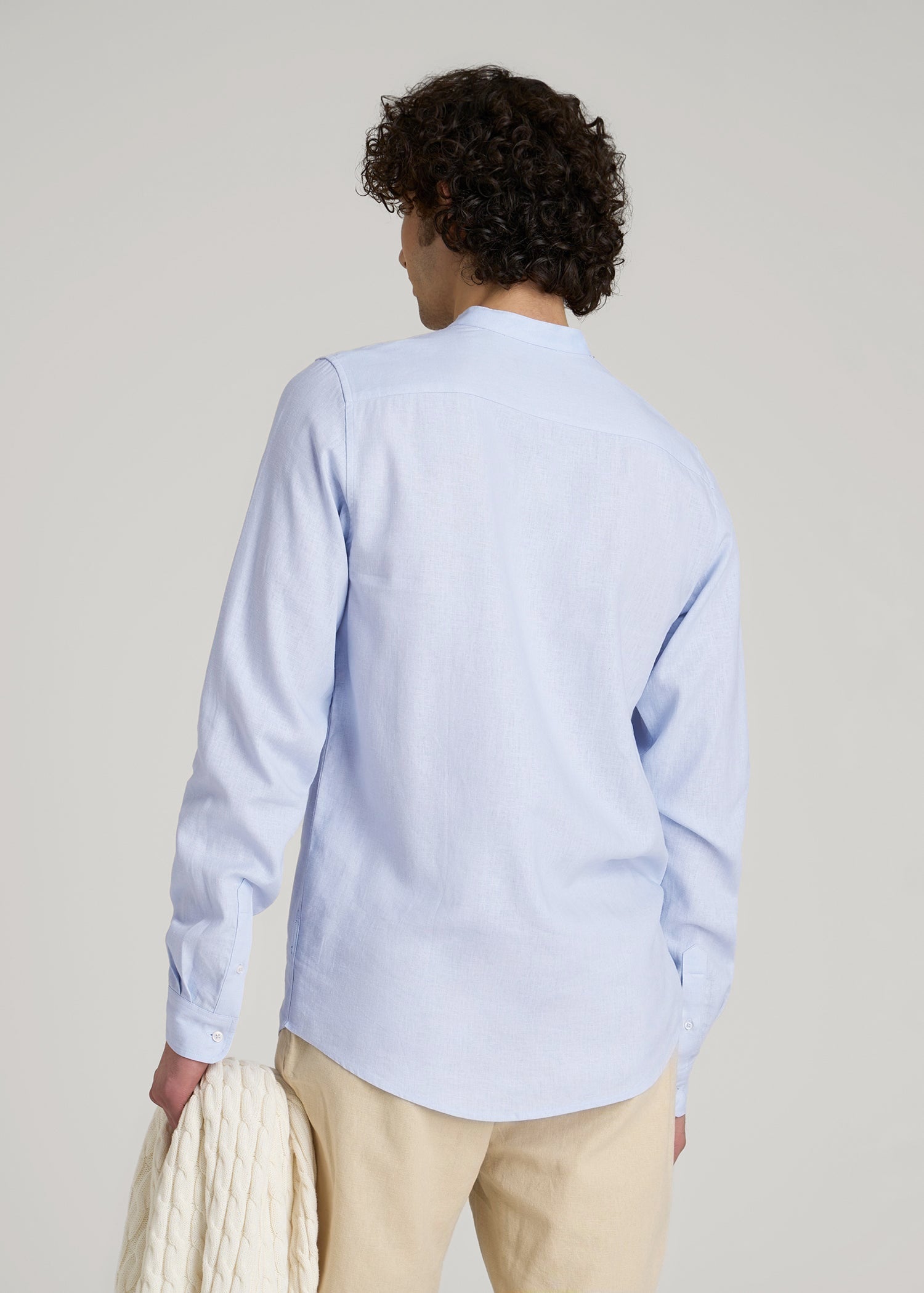 American Tall Men Band Collar Linen Button Shirt for Tall Men in Airy Blue