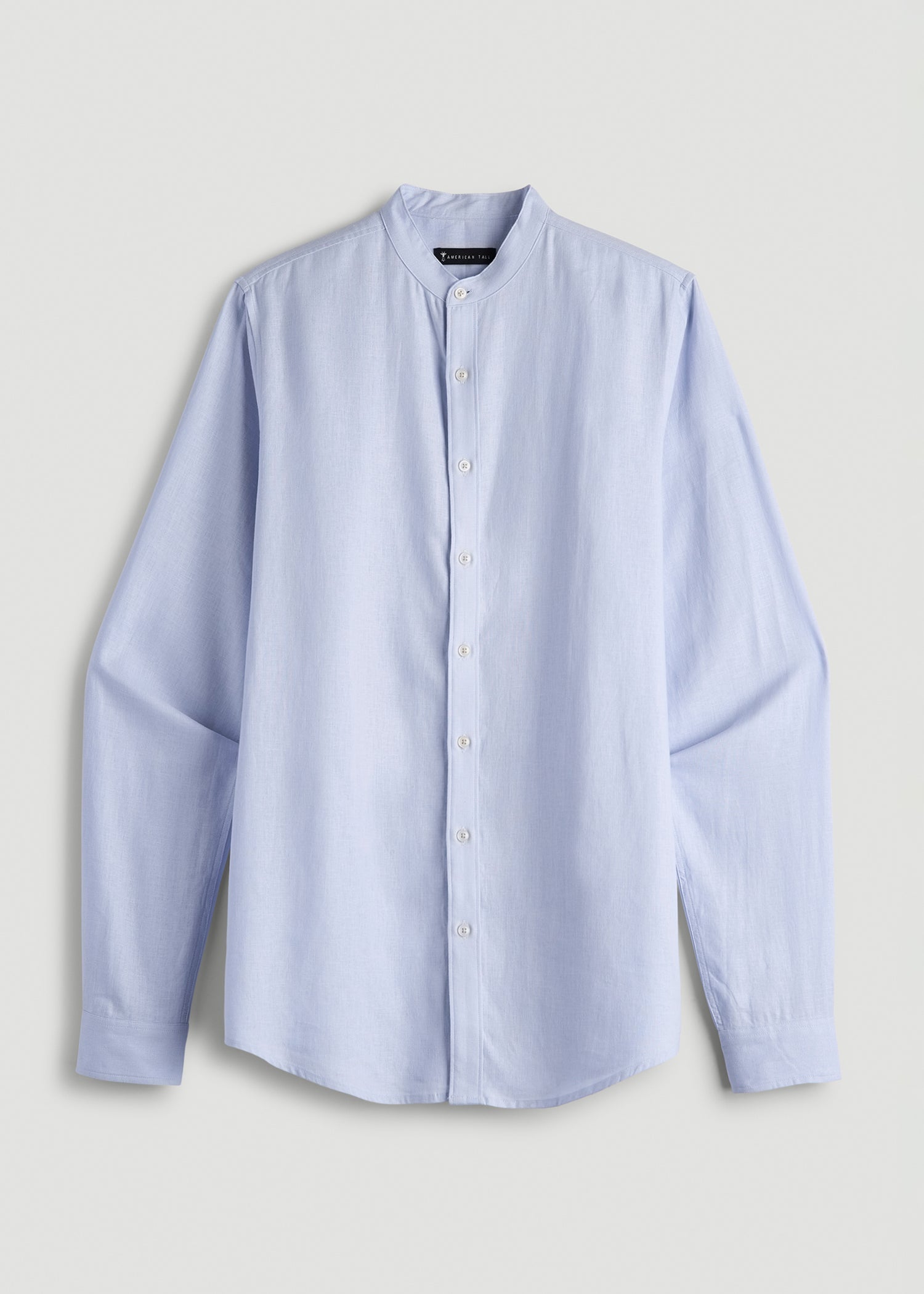American Tall Men Band Collar Linen Button Shirt for Tall Men in Airy Blue