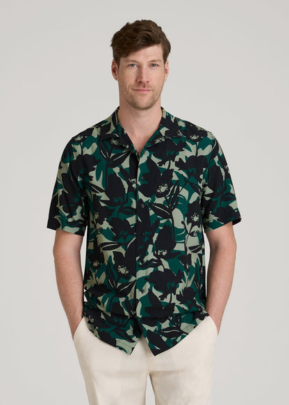 American Tall Men Short Sleeve Resort Shirt for Tall Men in Green and Black Floral