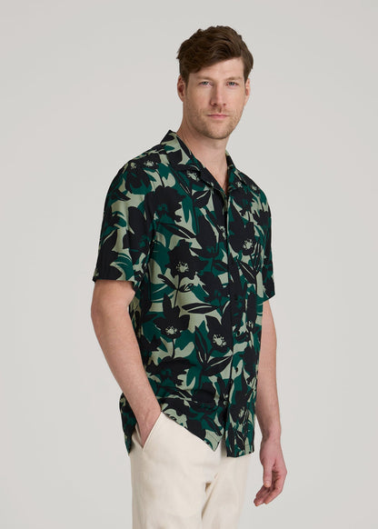 American Tall Men Short Sleeve Resort Shirt for Tall Men in Green and Black Floral