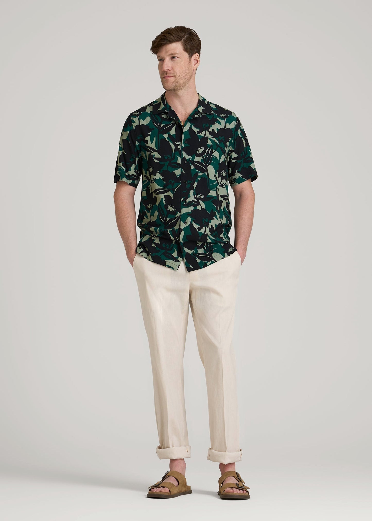 American Tall Men Short Sleeve Resort Shirt for Tall Men in Green and Black Floral