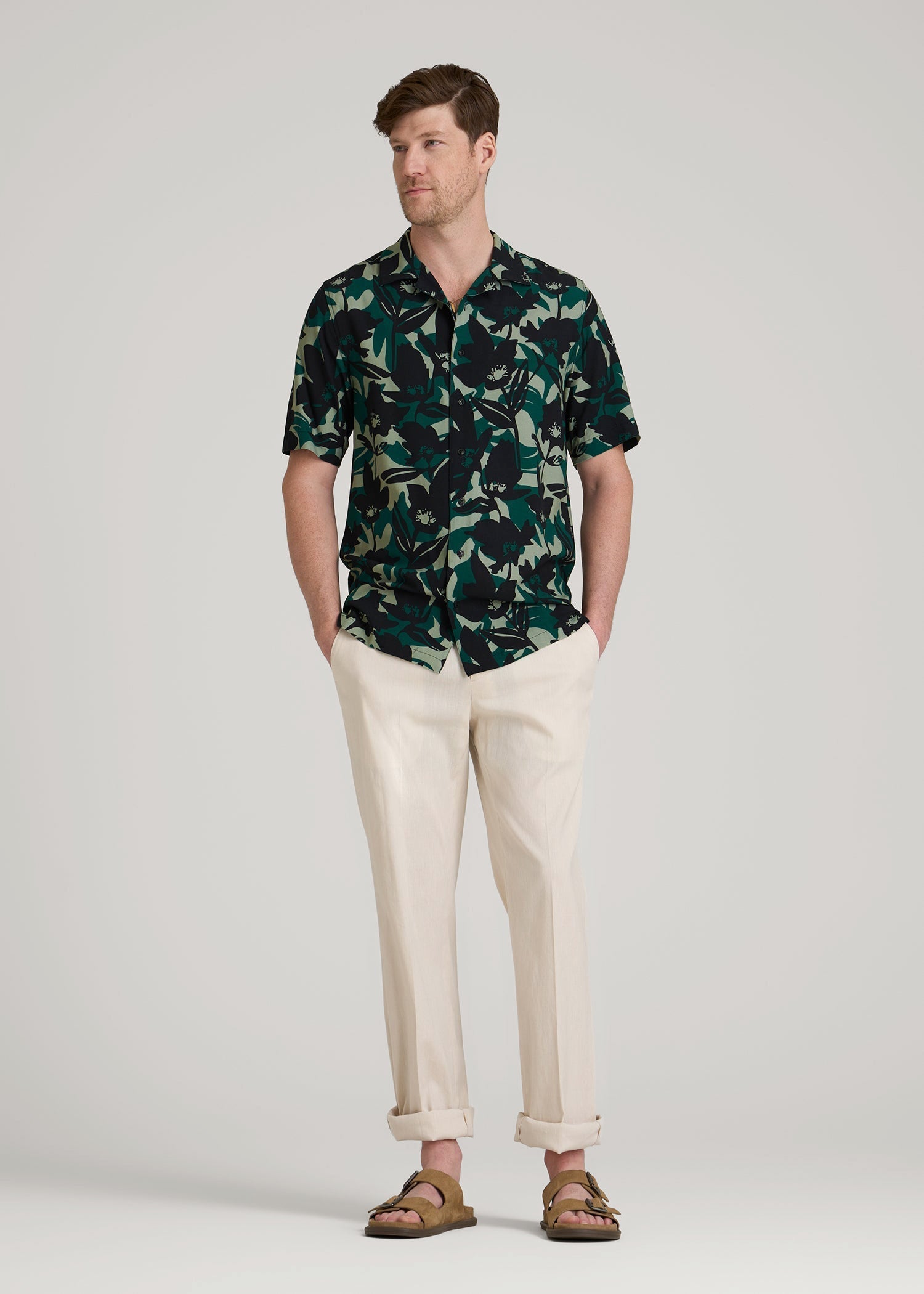 American Tall Men Short Sleeve Resort Shirt for Tall Men in Green and Black Floral