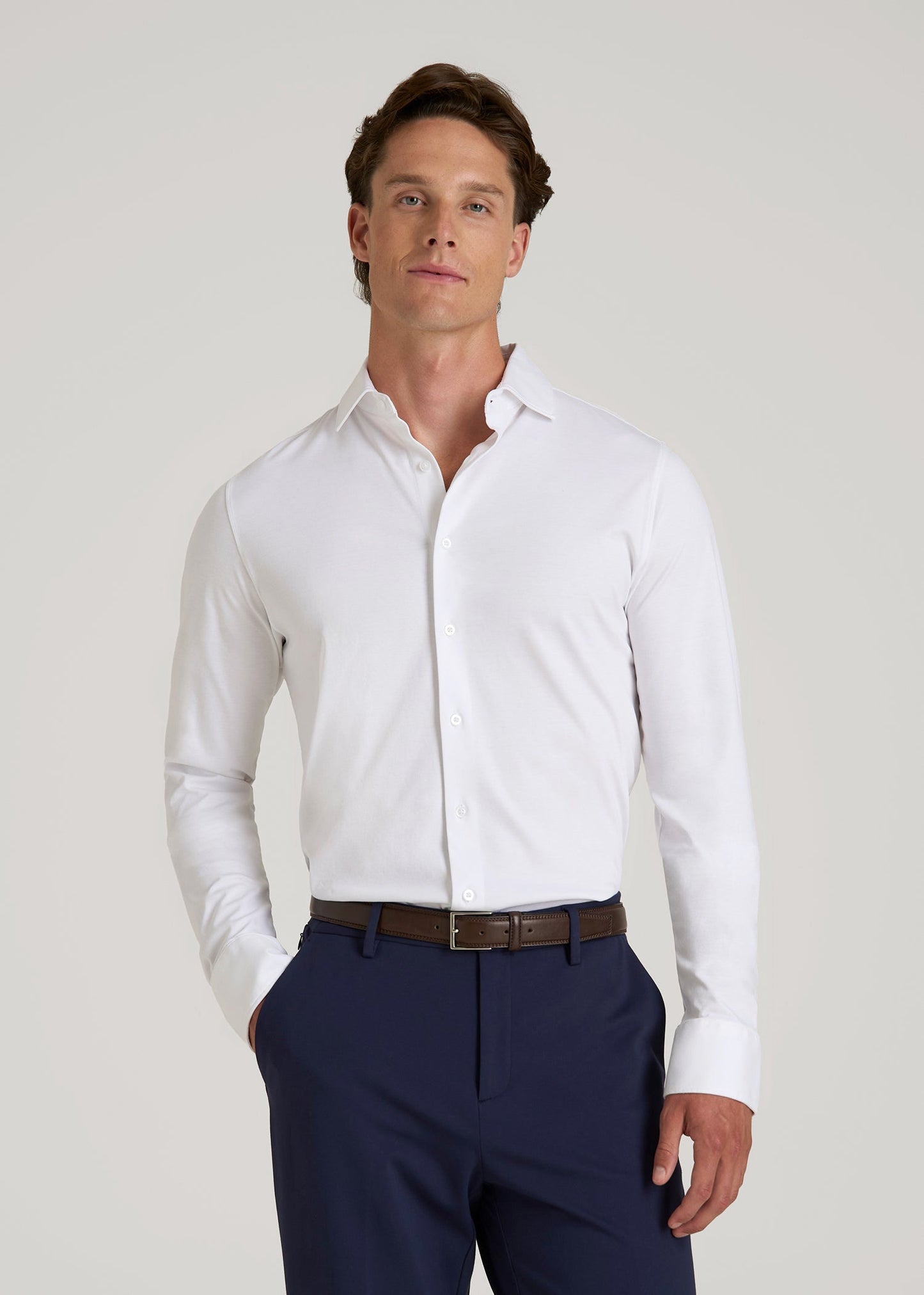 American Tall Men Stretch Jersey Dress Shirt for Tall Men in Optic White
