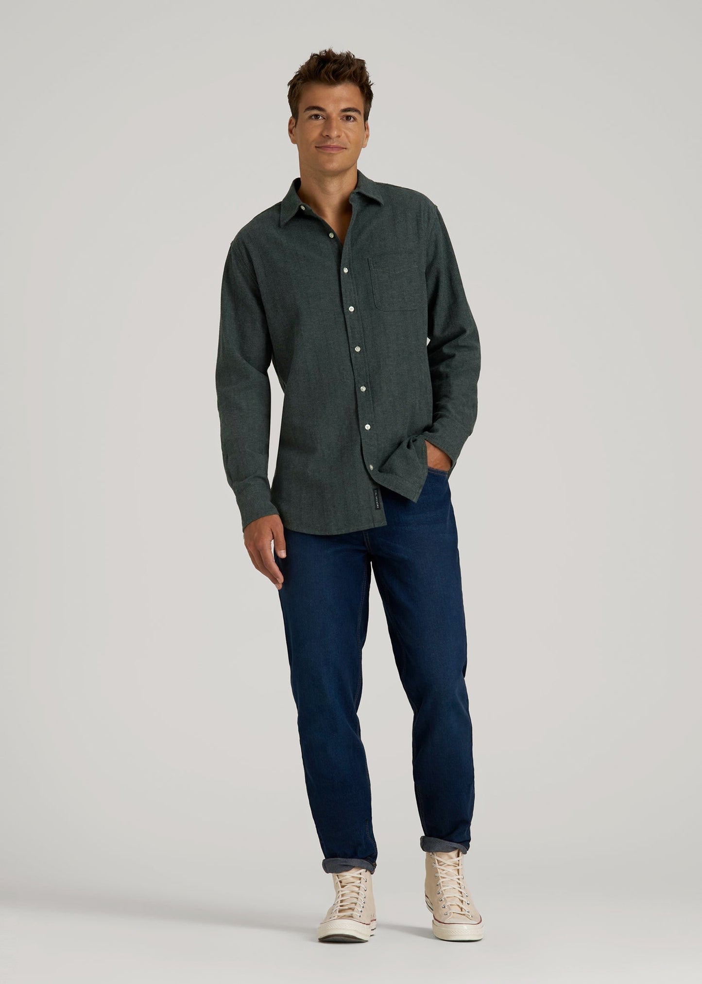 American Tall Men Nelson Flannel Shirt for Tall Men in Balsam Green Chevron