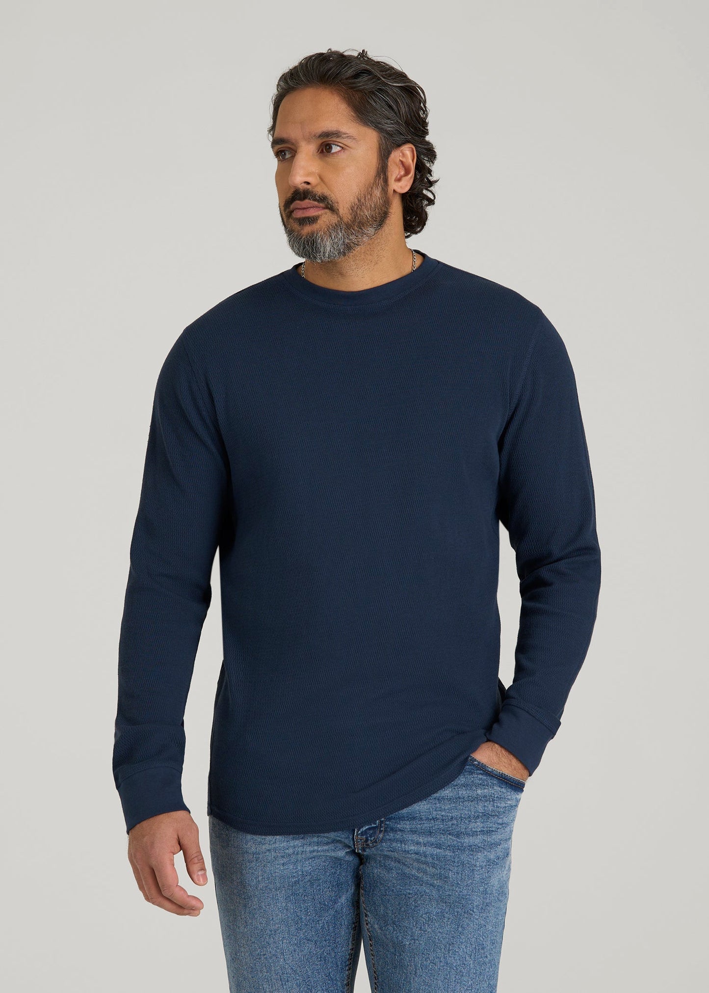 American Tall Men Double Honeycomb Thermal Crewneck for Tall Men in True Navy