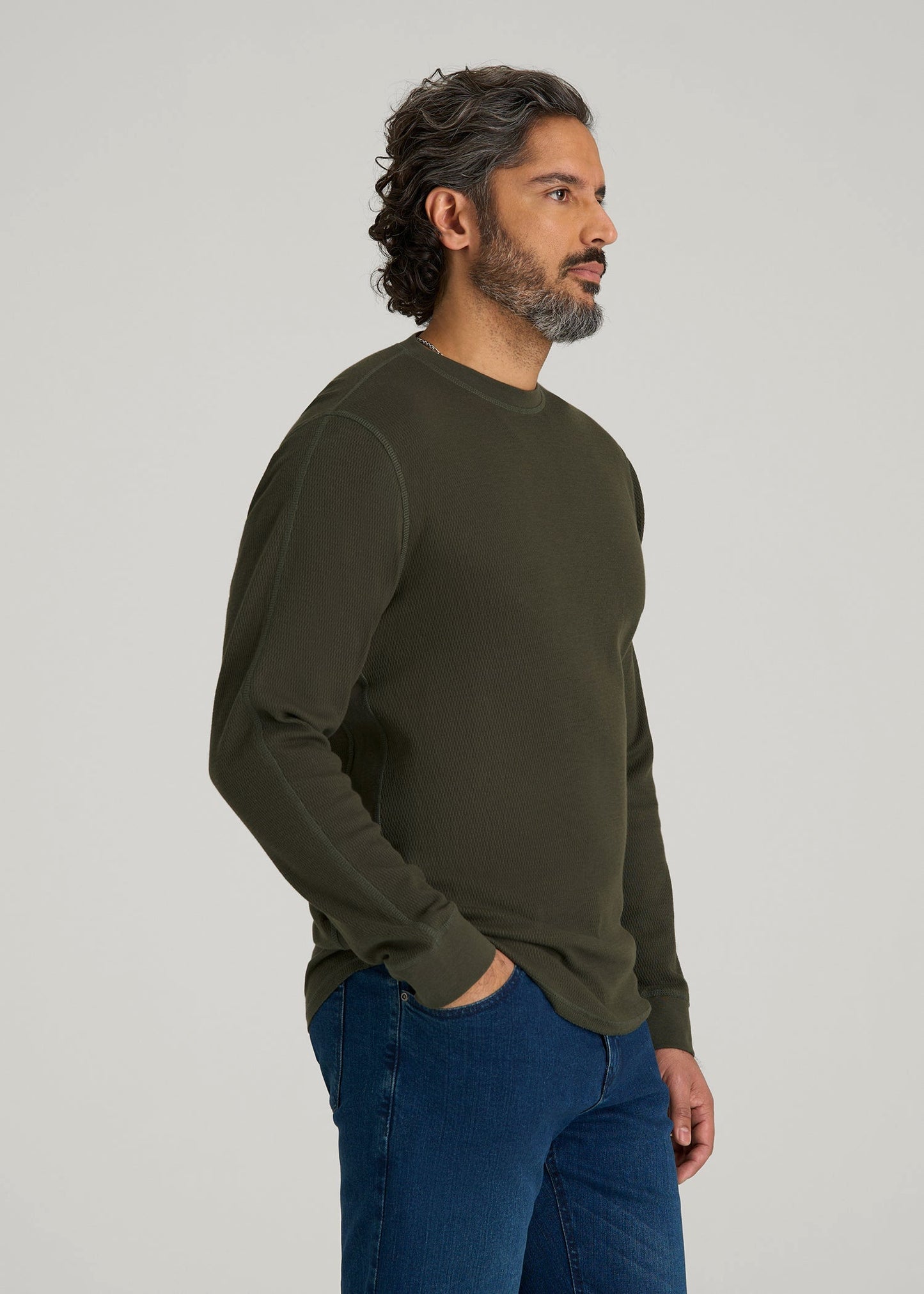 American Tall Men Double Honeycomb Thermal Crewneck for Tall Men in Dark Olive Green