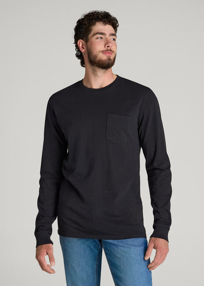 American Tall Men Garment Dyed Long Sleeve Pocket Tee for Tall Men in Black