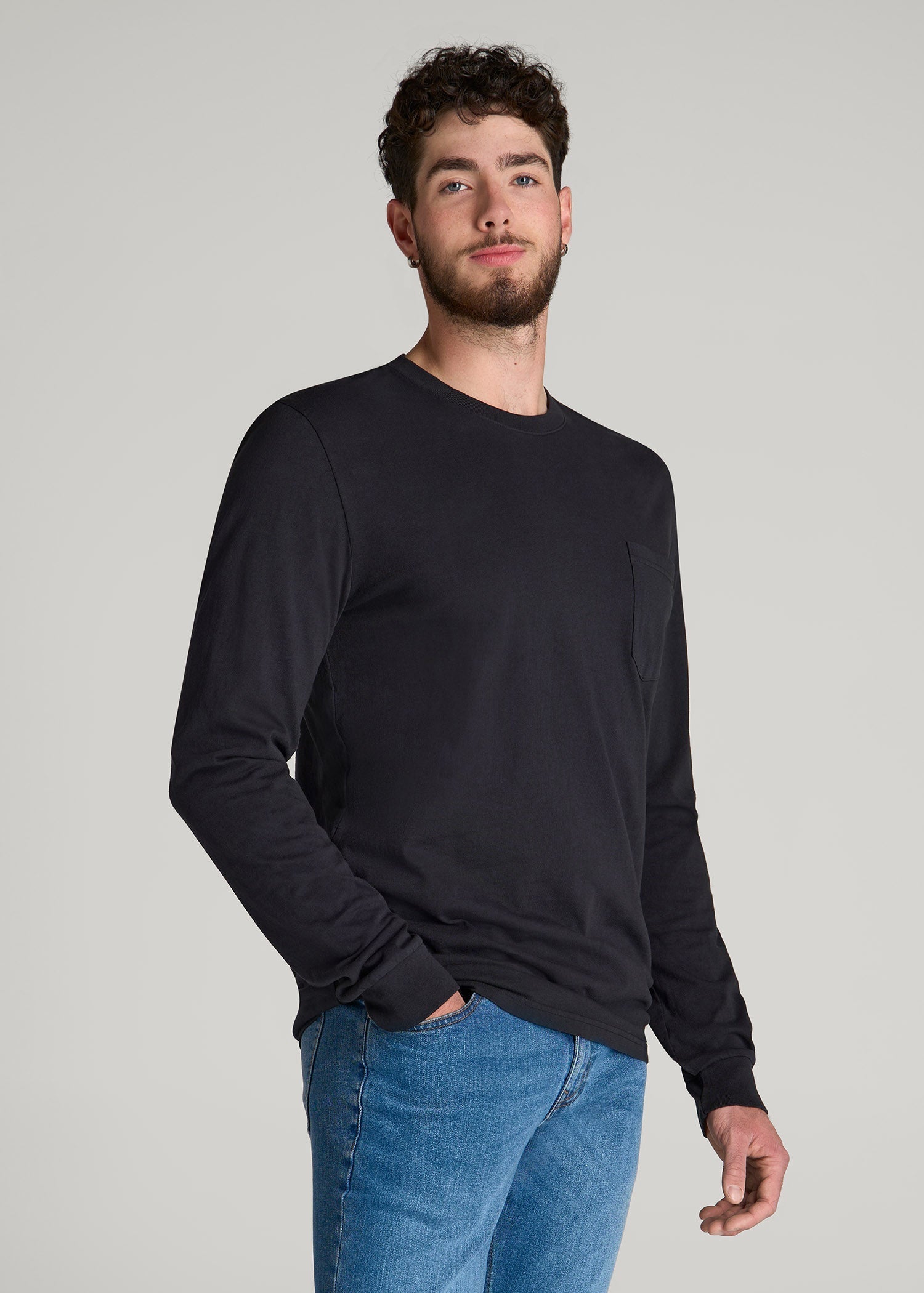 American Tall Men Garment Dyed Long Sleeve Pocket Tee for Tall Men in Black