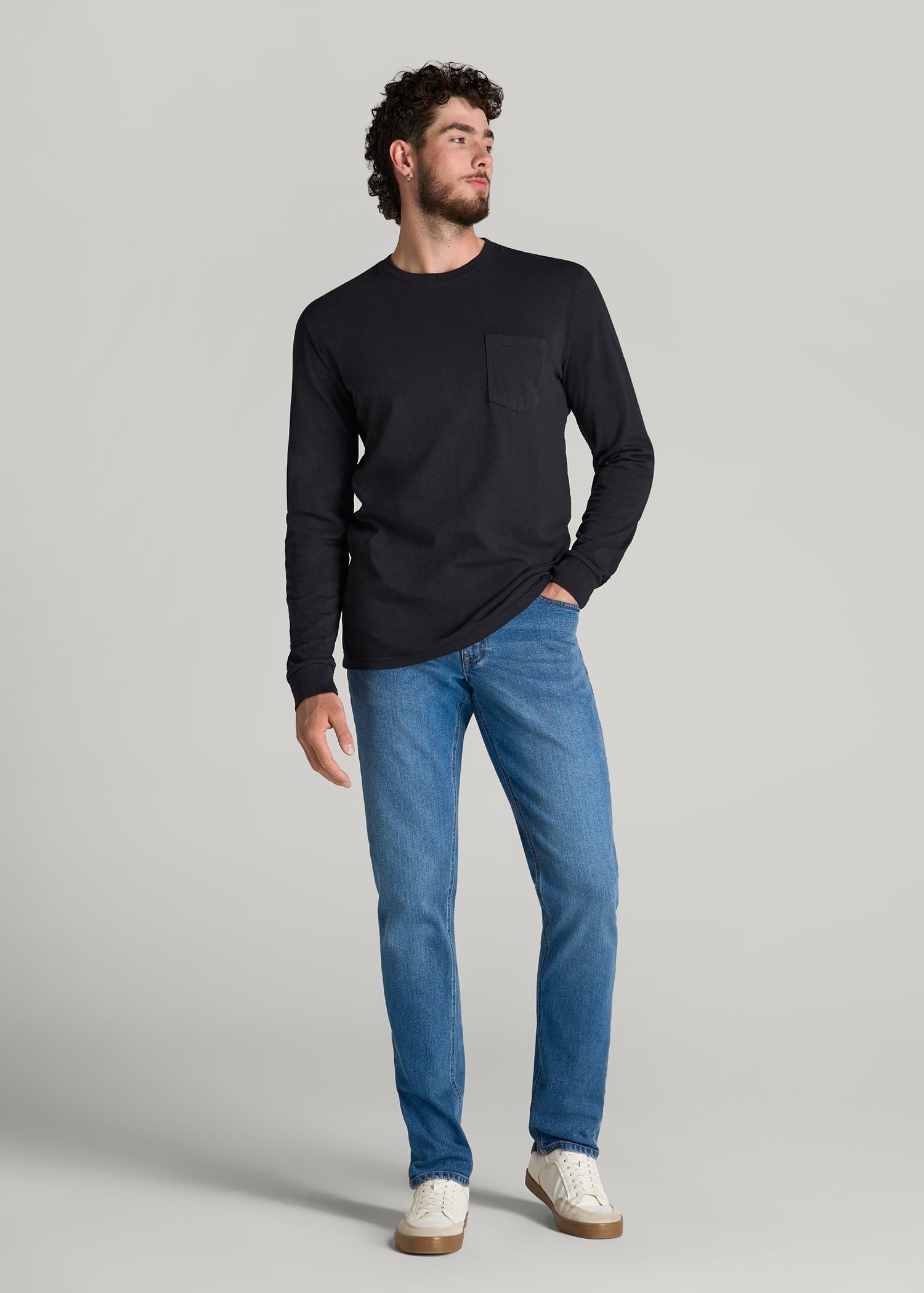 American Tall Men Garment Dyed Long Sleeve Pocket Tee for Tall Men in Black