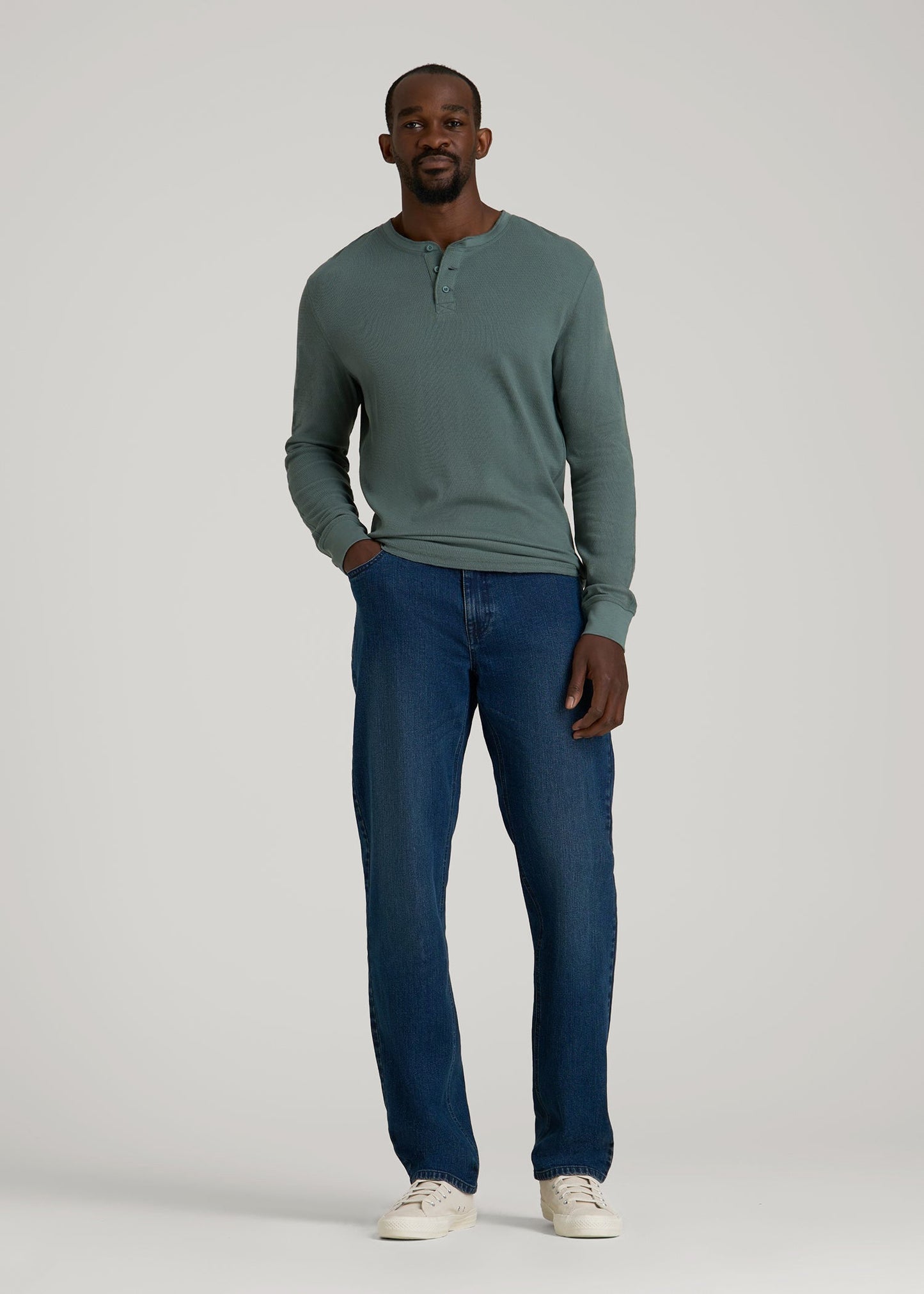 American Tall Men Double Honeycomb Thermal Long-Sleeve Henley Shirt for Tall Men in Balsam Green