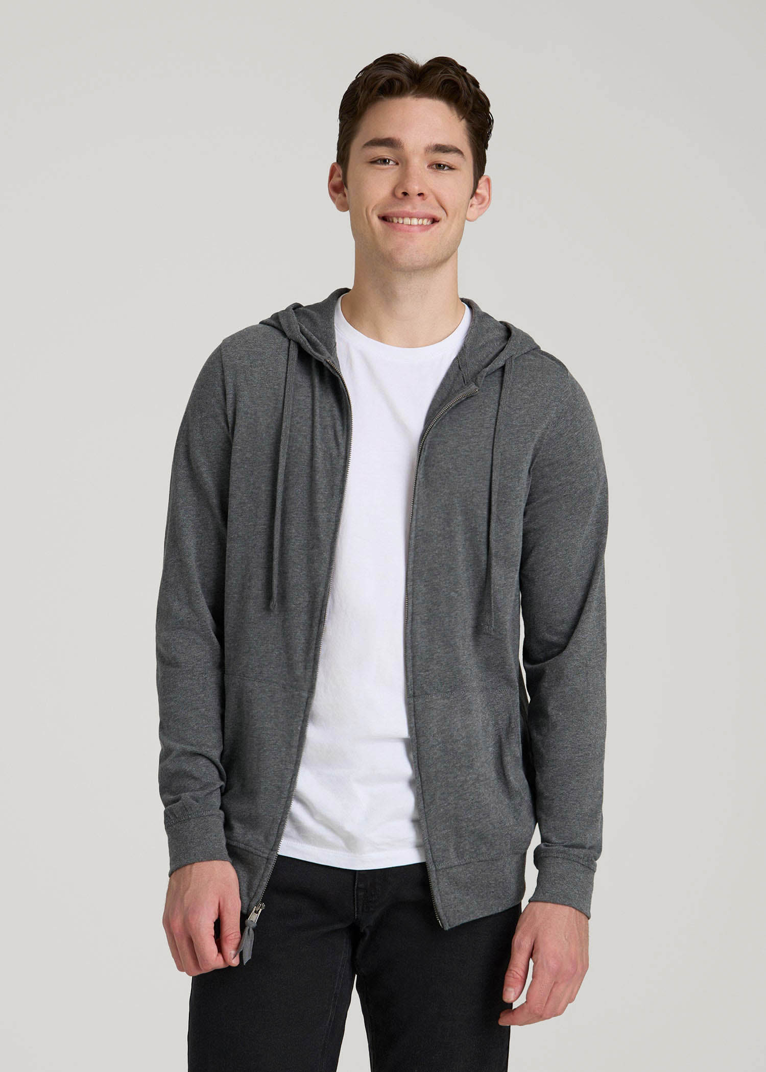 American Tall Men Long Sleeve Full Zip Jersey Hoodie for Tall Men in Charcoal Mix