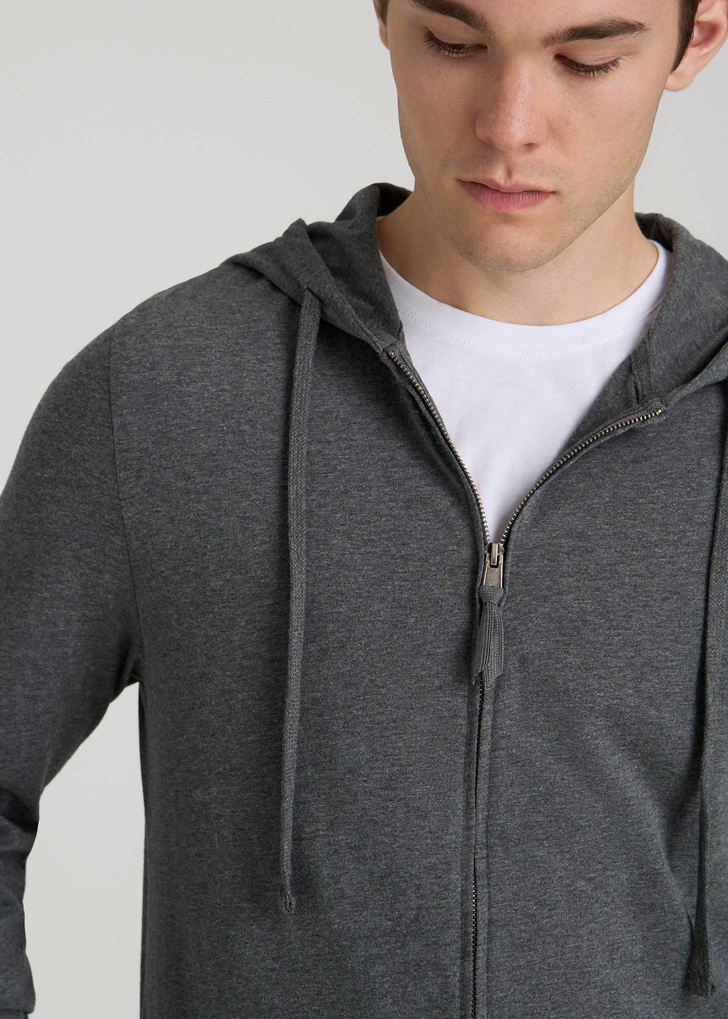 American Tall Men Long Sleeve Full Zip Jersey Hoodie for Tall Men in Charcoal Mix