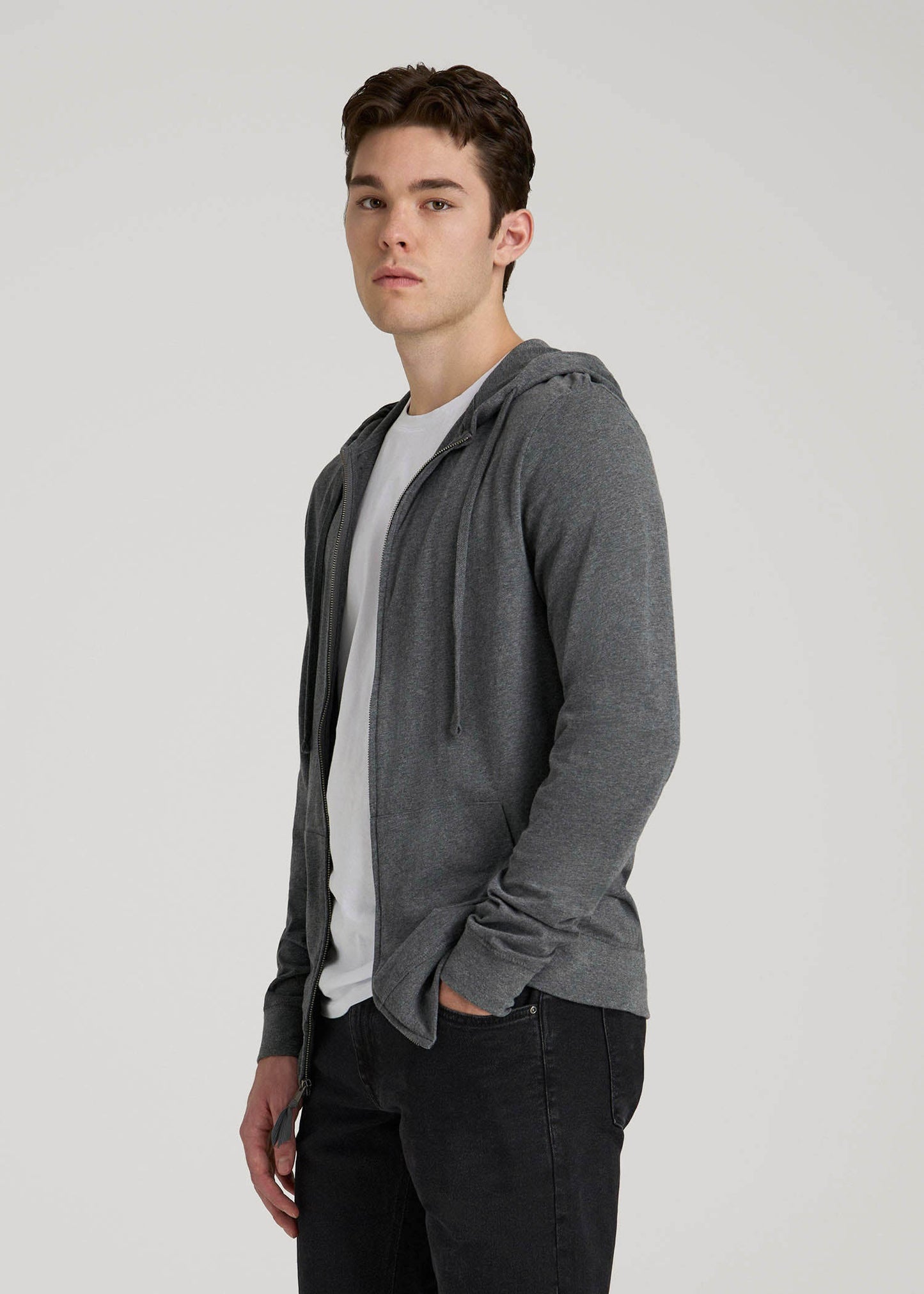 American Tall Men Long Sleeve Full Zip Jersey Hoodie for Tall Men in Charcoal Mix