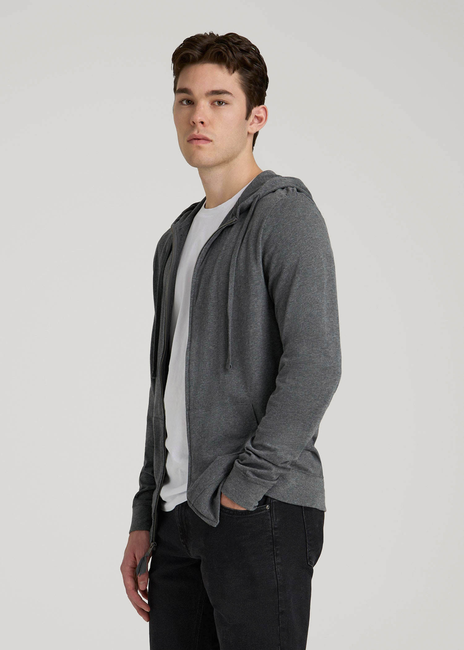 American Tall Men Long Sleeve Full Zip Jersey Hoodie for Tall Men in Charcoal Mix