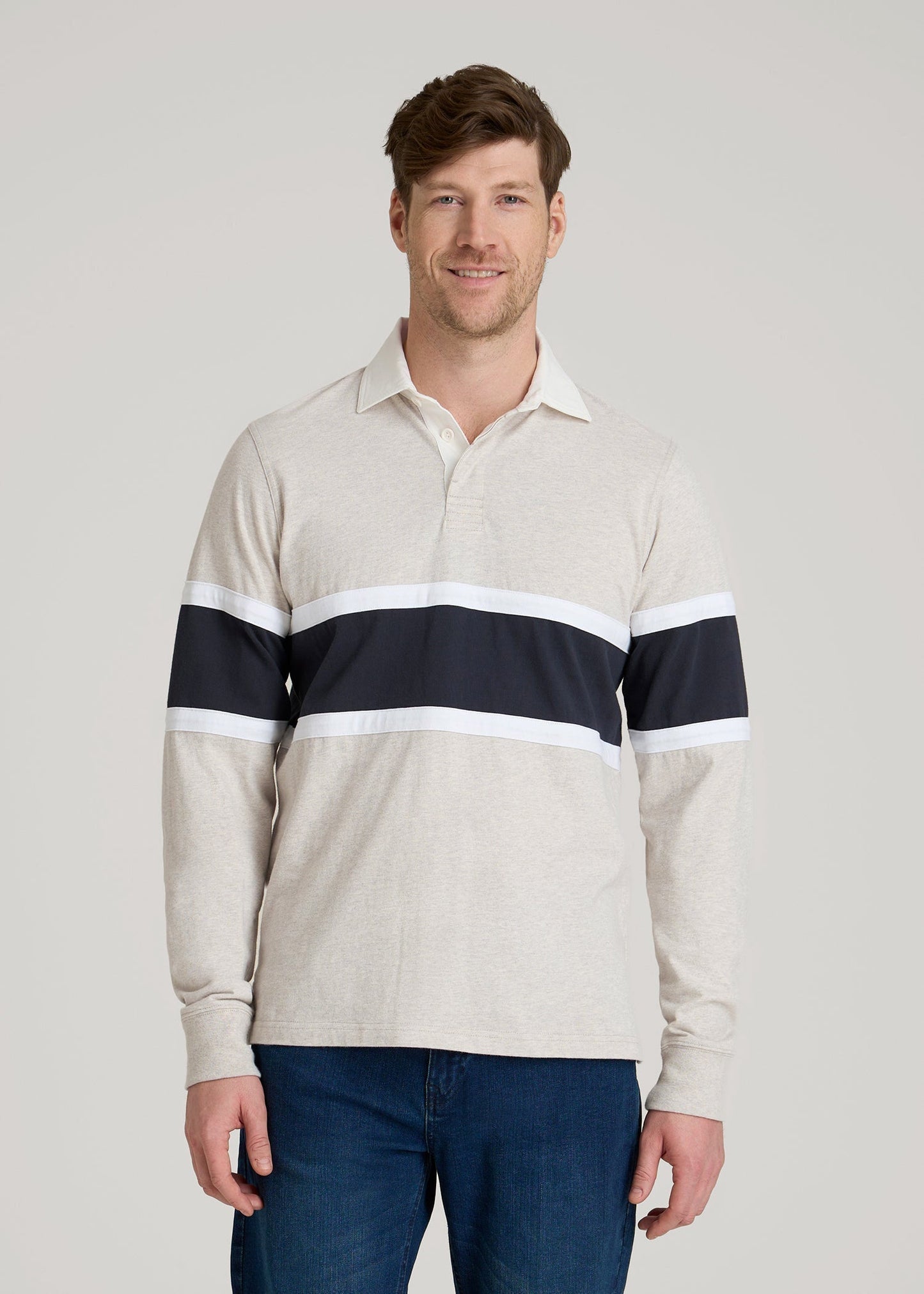 American Tall Men Rugby Long Sleeve Shirt for Tall Men in Oatmeal Heather Multi