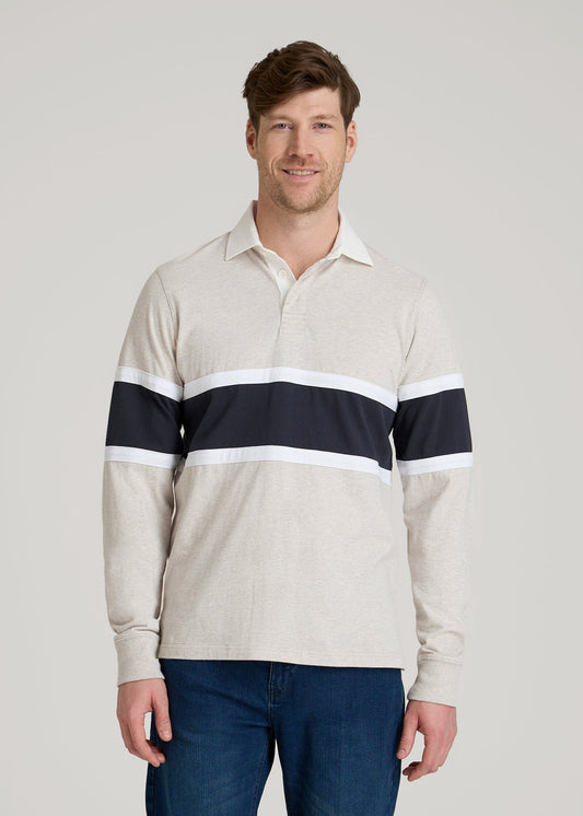 American Tall Men Rugby Long Sleeve Shirt for Tall Men in Oatmeal Heather Multi