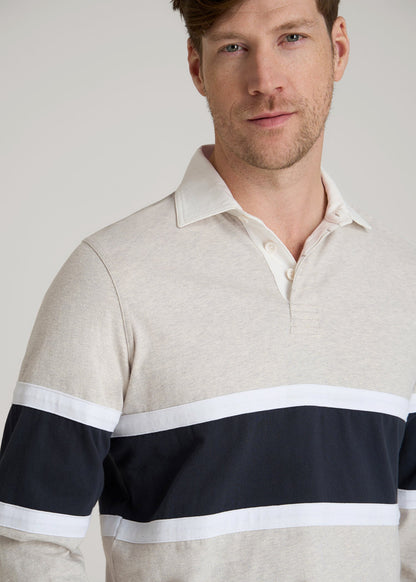 American Tall Men Rugby Long Sleeve Shirt for Tall Men in Oatmeal Heather Multi