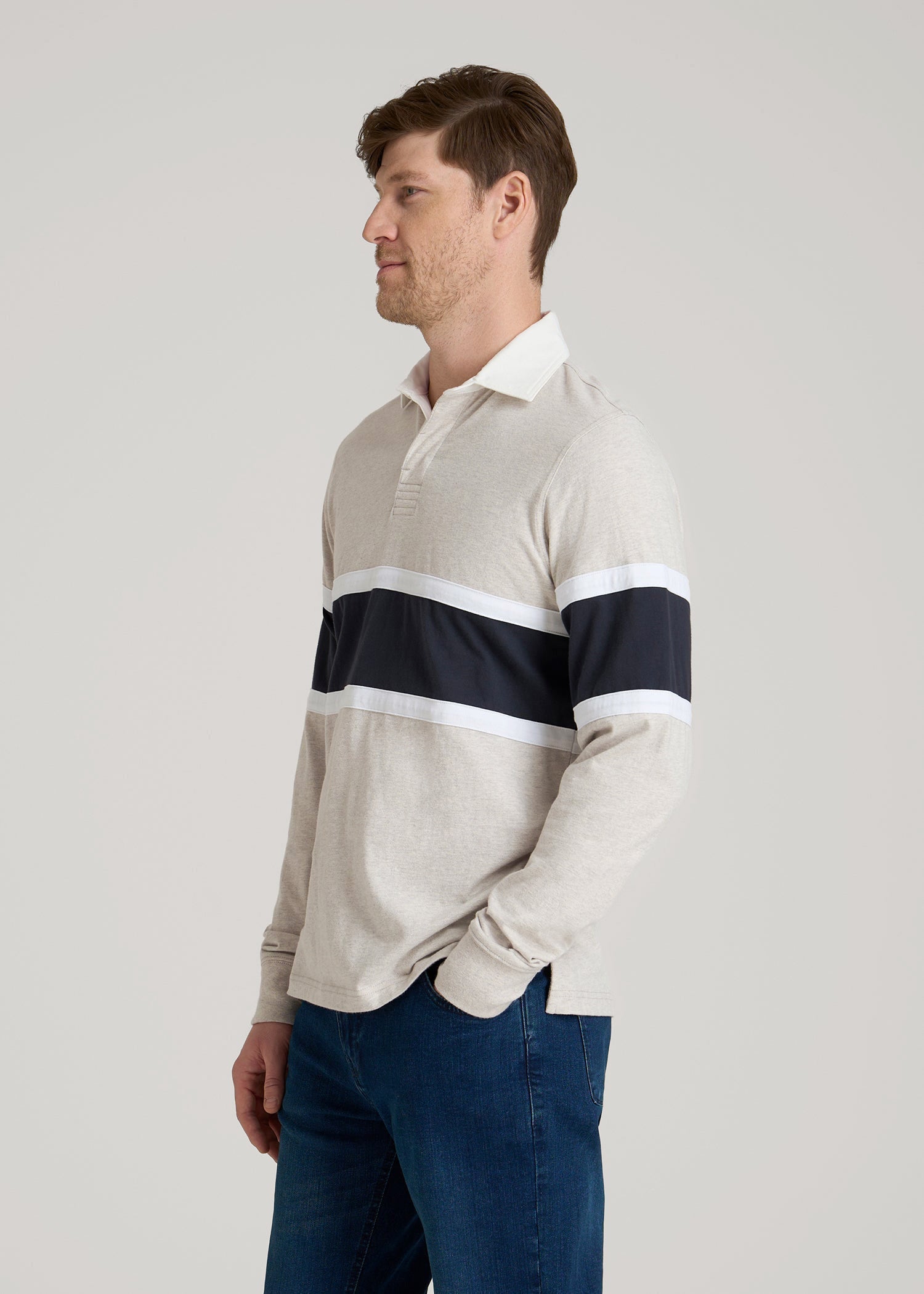 American Tall Men Rugby Long Sleeve Shirt for Tall Men in Oatmeal Heather Multi