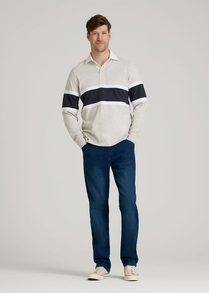 American Tall Men Rugby Long Sleeve Shirt for Tall Men in Oatmeal Heather Multi