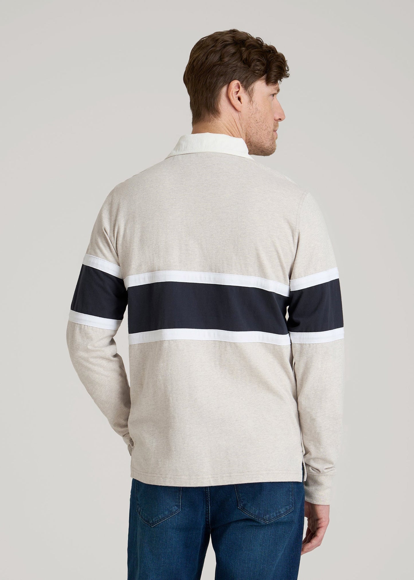 American Tall Men Rugby Long Sleeve Shirt for Tall Men in Oatmeal Heather Multi