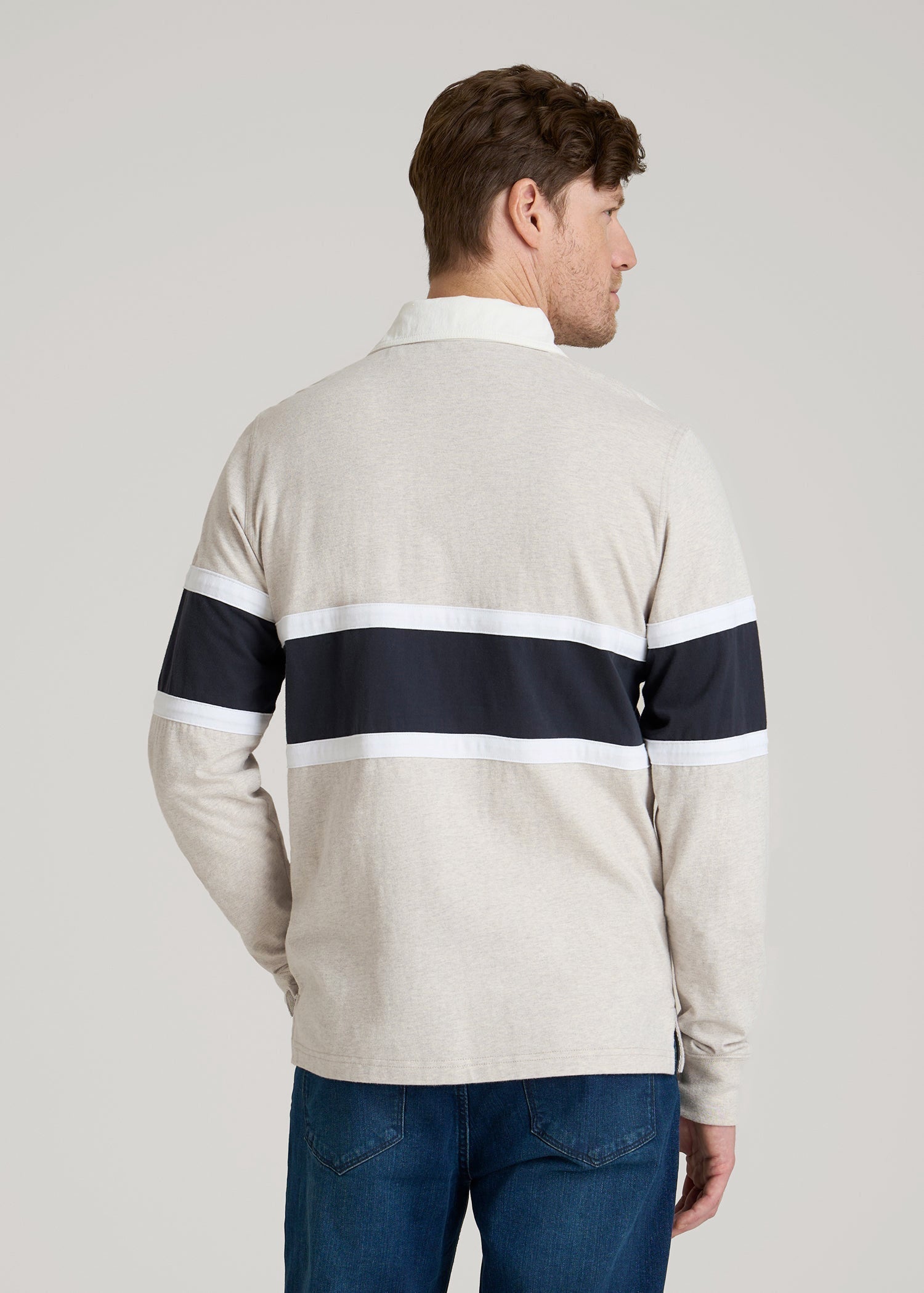 American Tall Men Rugby Long Sleeve Shirt for Tall Men in Oatmeal Heather Multi