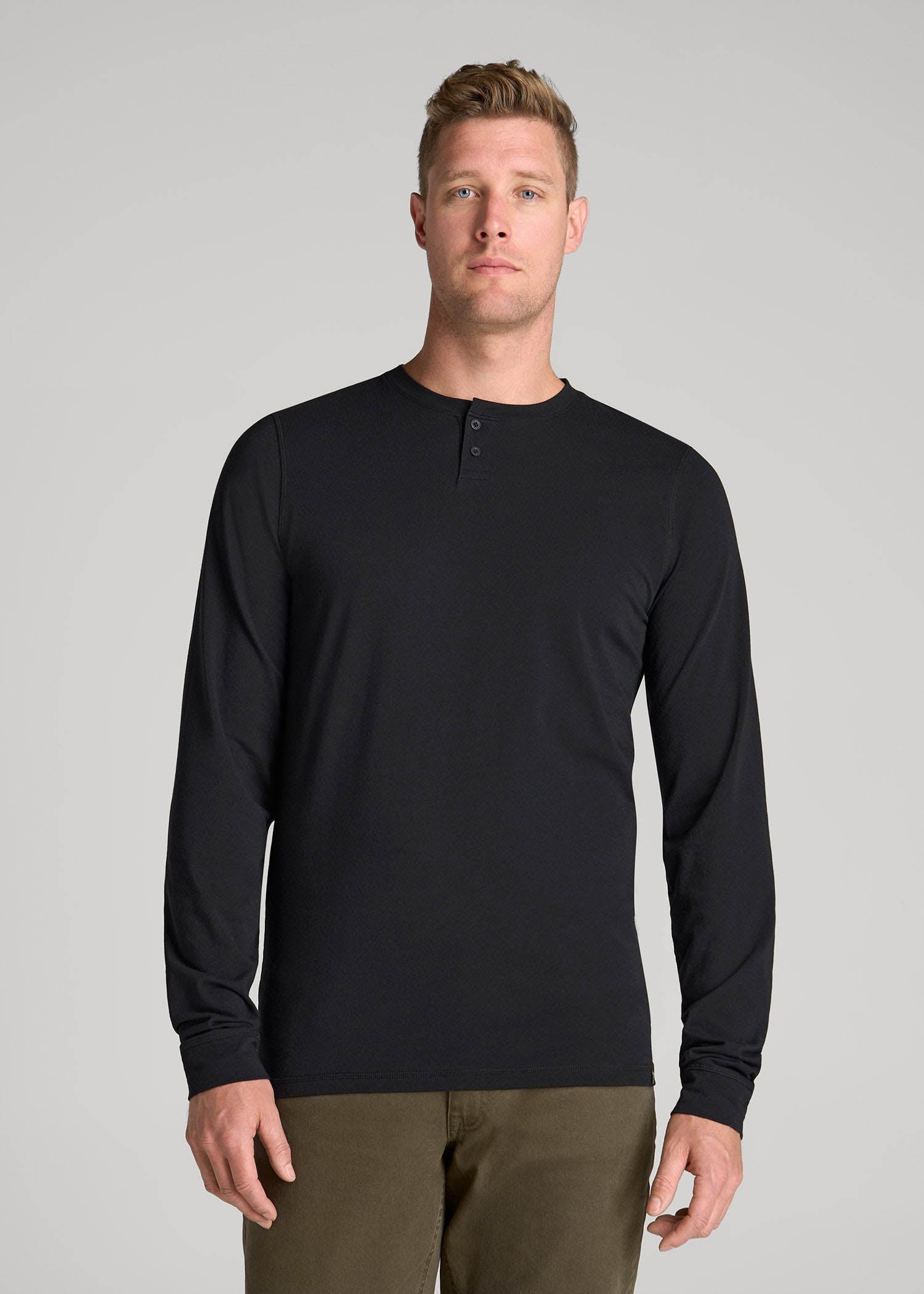 American Tall Men Pima Stretch Knit Henley Shirt for Tall Men in Black