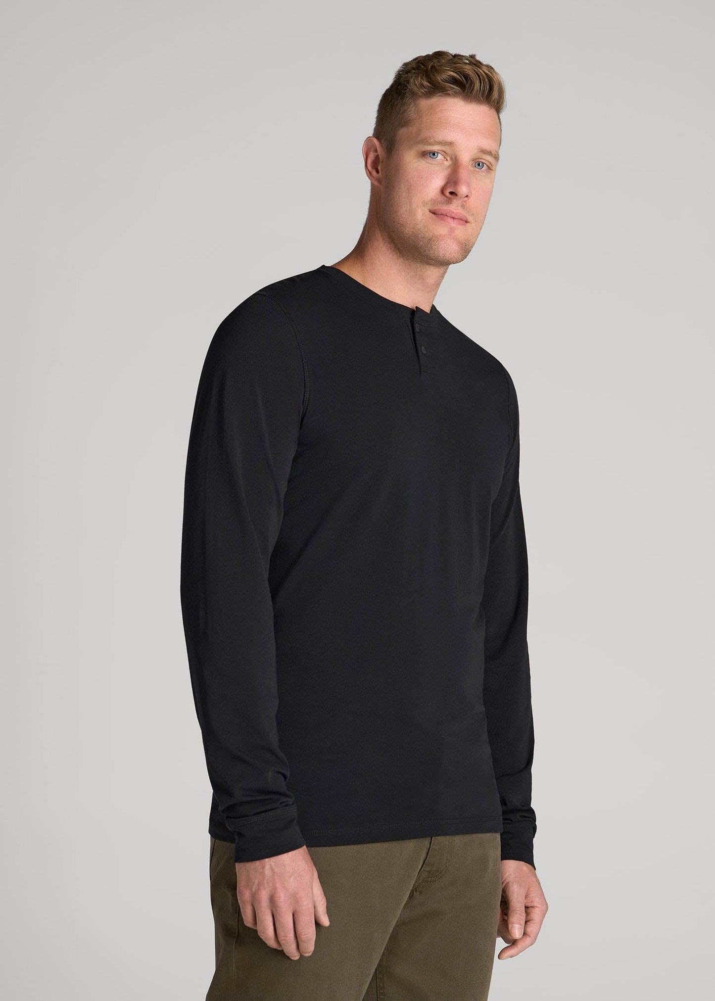 American Tall Men Pima Stretch Knit Henley Shirt for Tall Men in Black