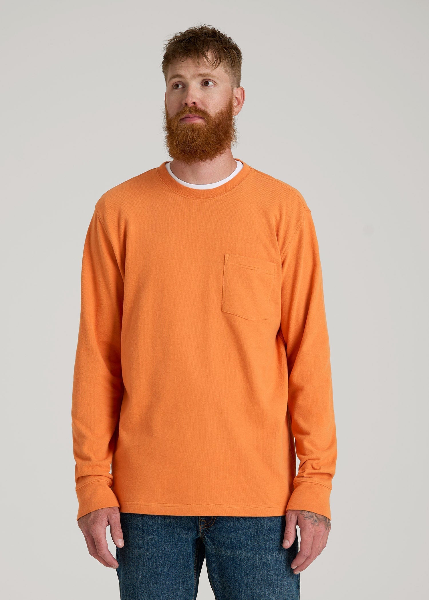 American Tall Men LJ&S Long Sleeve Workwear Pocket Tee for Tall Men in Marmalade