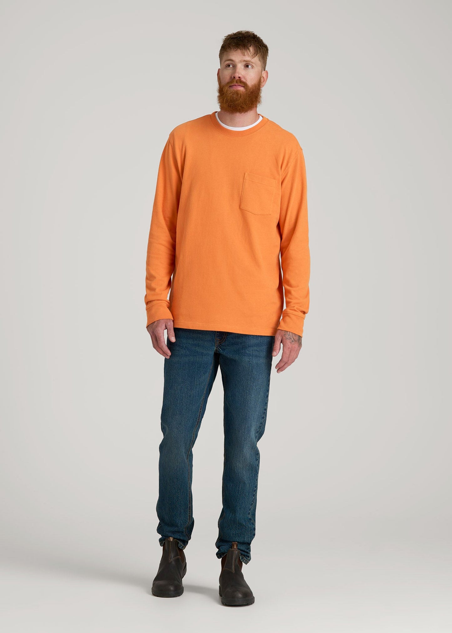 American Tall Men LJ&S Long Sleeve Workwear Pocket Tee for Tall Men in Marmalade