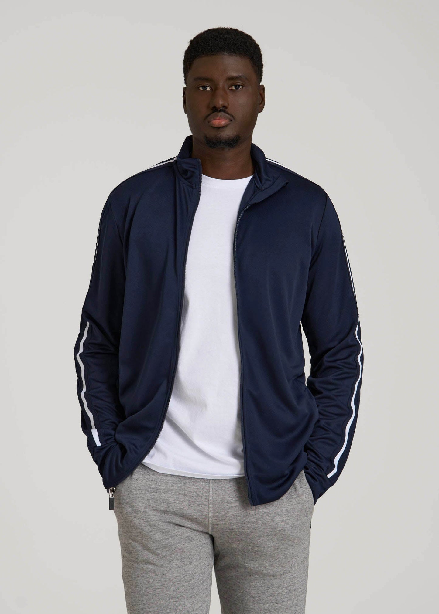 American Tall Men Athletic Stripe Jacket for Tall Men in Navy-White Stripe