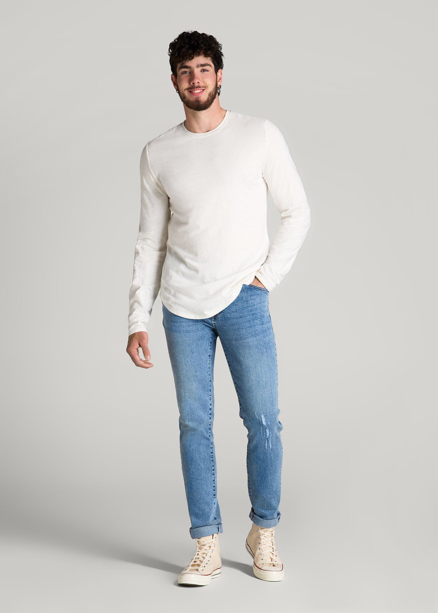 American Tall Men Slub Long Sleeve Scoop Tee for Tall Men in Ecru