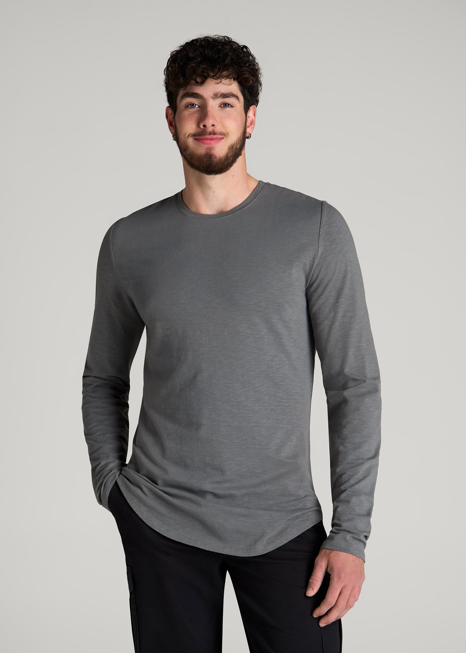 American Tall Men Slub Long Sleeve Scoop Tee for Tall Men in Charcoal