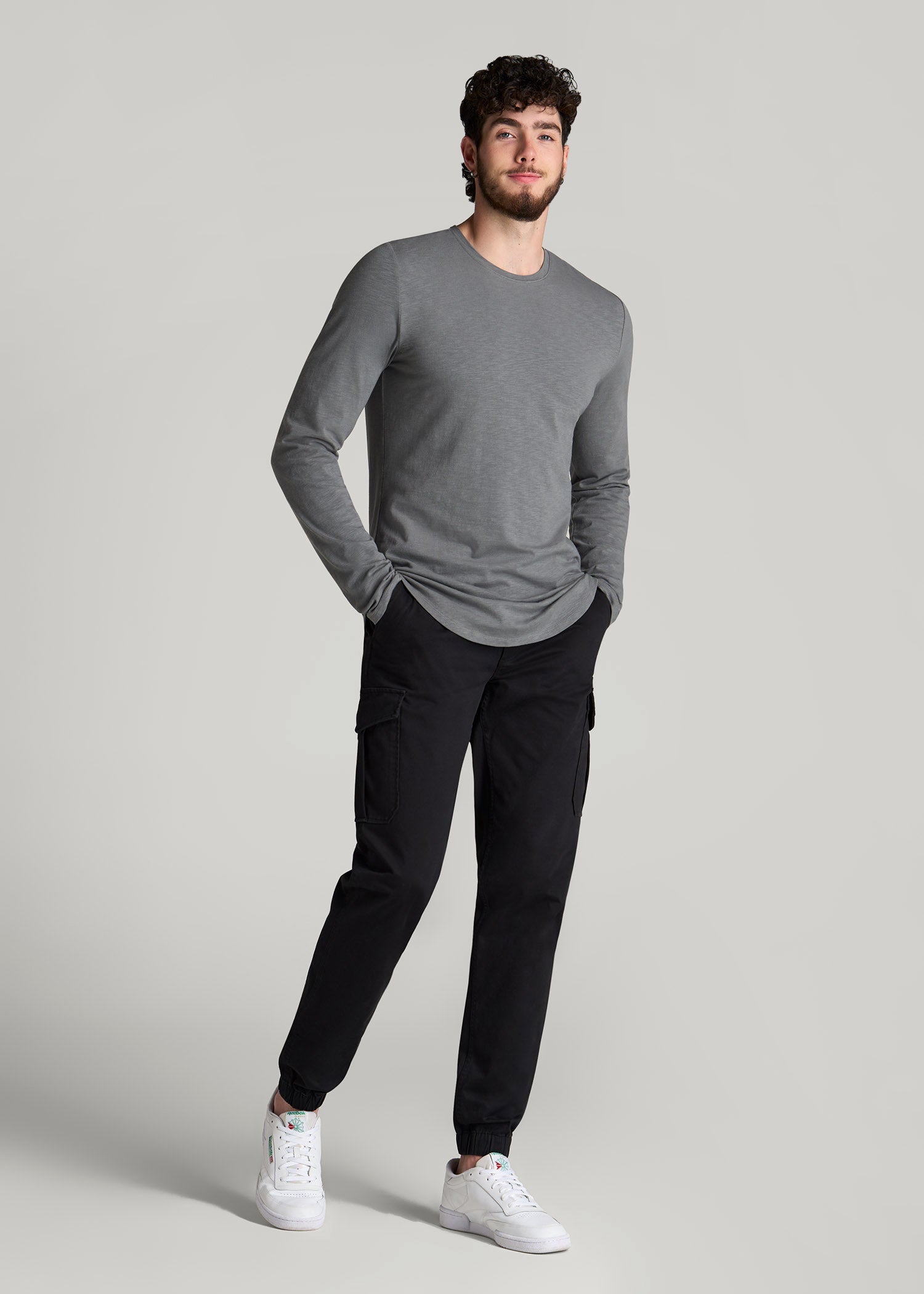 American Tall Men Slub Long Sleeve Scoop Tee for Tall Men in Charcoal