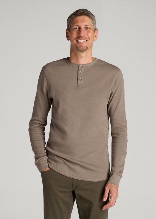 American Tall Men Double Honeycomb Thermal Long-Sleeve Henley Shirt for Tall Men in Dark Sand