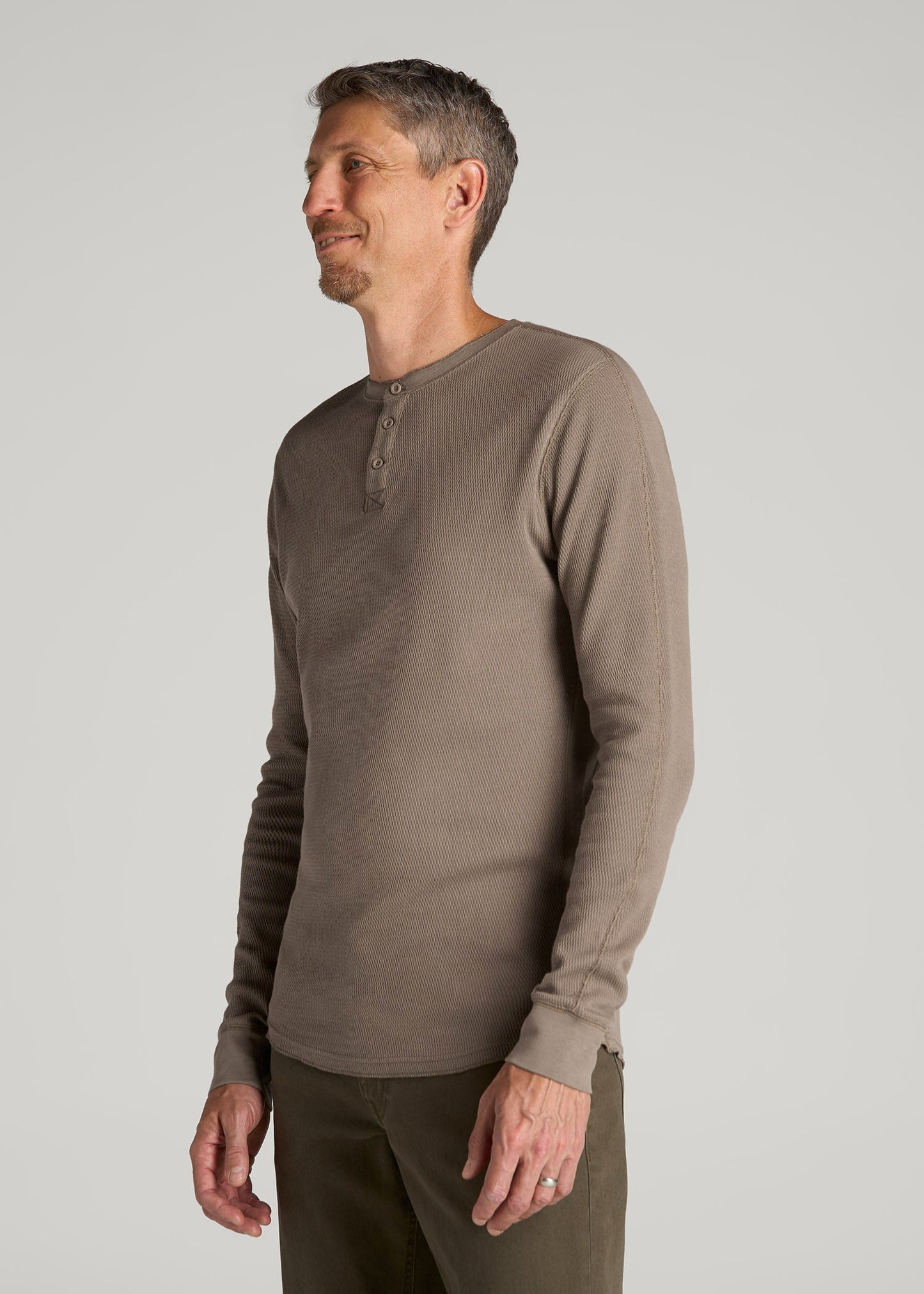 American Tall Men Double Honeycomb Thermal Long-Sleeve Henley Shirt for Tall Men in Dark Sand