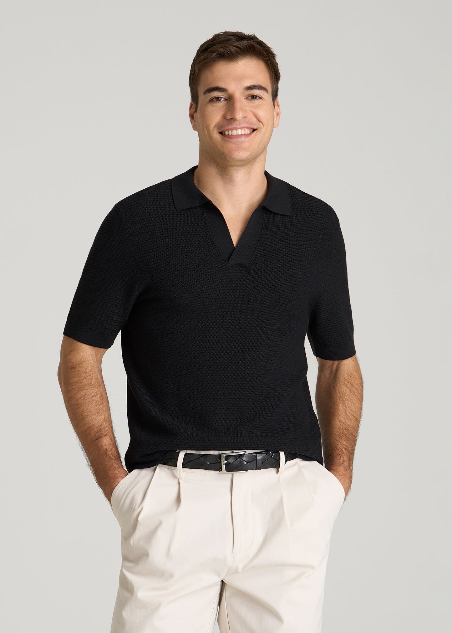 American Tall Men Braided Knit Sweater Polo for Tall Men in Black