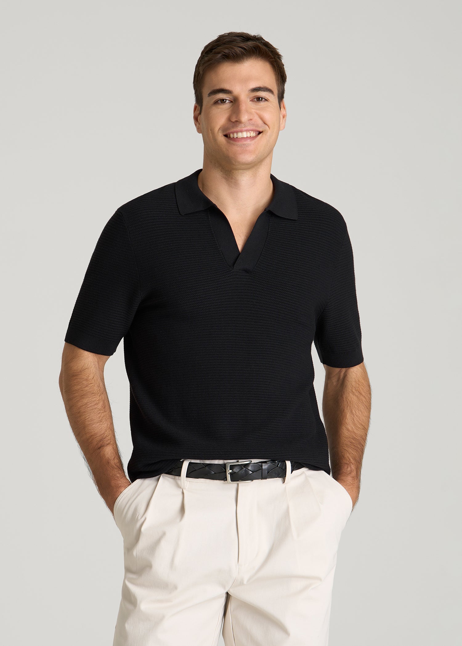 American Tall Men Braided Knit Sweater Polo for Tall Men in Black