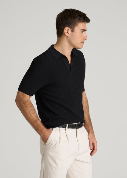 American Tall Men Braided Knit Sweater Polo for Tall Men in Black