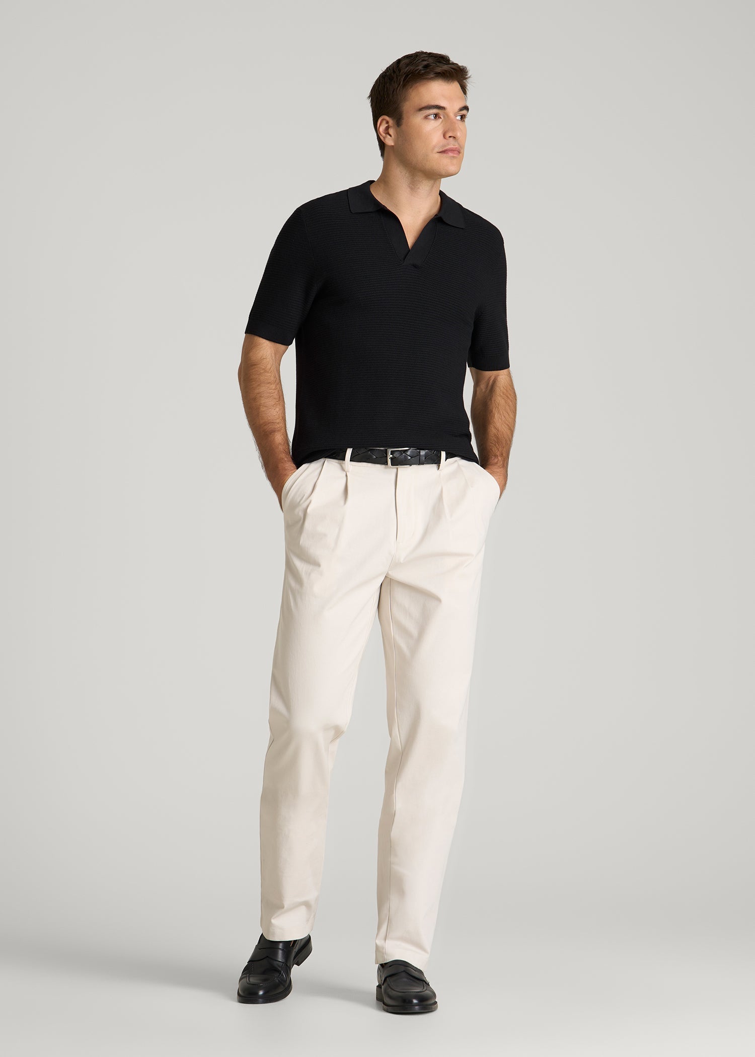 American Tall Men Braided Knit Sweater Polo for Tall Men in Black