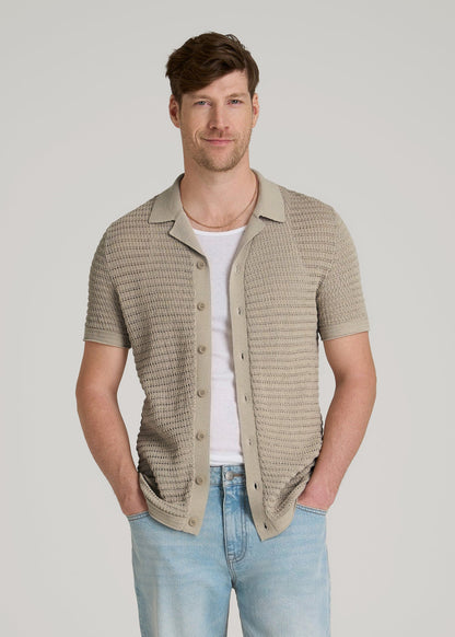 American Tall Men Short Sleeve Crochet Polo Cardigan for Tall Men in Light Khaki