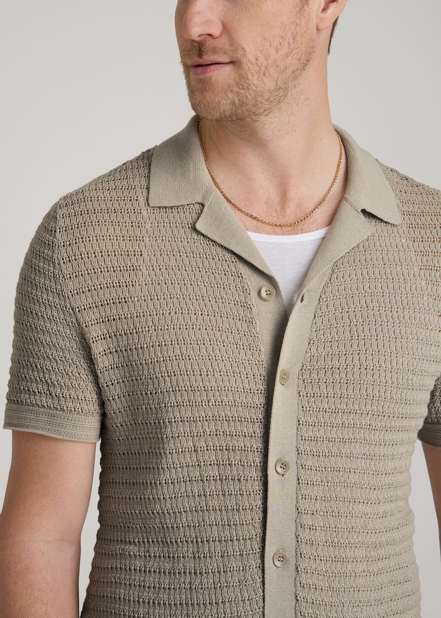 American Tall Men Short Sleeve Crochet Polo Cardigan for Tall Men in Light Khaki