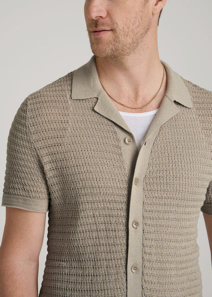 American Tall Men Short Sleeve Crochet Polo Cardigan for Tall Men in Light Khaki